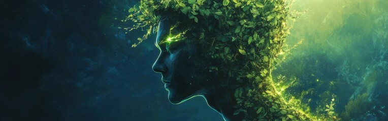 Aufkleber - Mystical profile of a man illuminated by vibrant green foliage in an enchanting forest setting