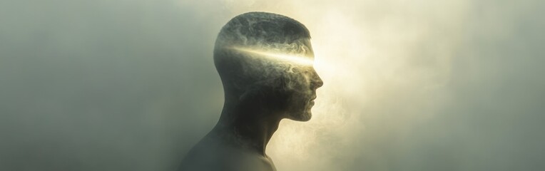 Poster - Mystical profile of a man with a glowing vision within a foggy atmosphere