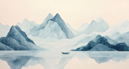 Wall Mural - Serene lake, misty mountains, boat, calm, Asian landscape, art print