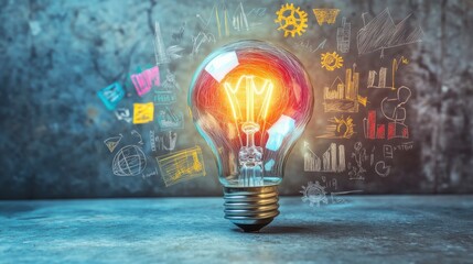 Aufkleber - Glowing multicolored light bulb illuminating sketches of ideas and concepts against a textured gray background in a creative space
