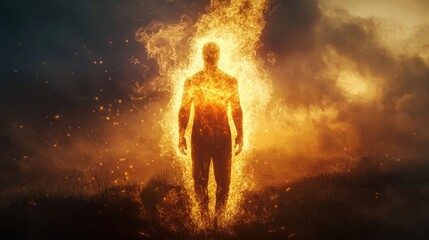 Poster - Conceptual representation of a glowing man surrounded by flames in a dramatic sunset landscape