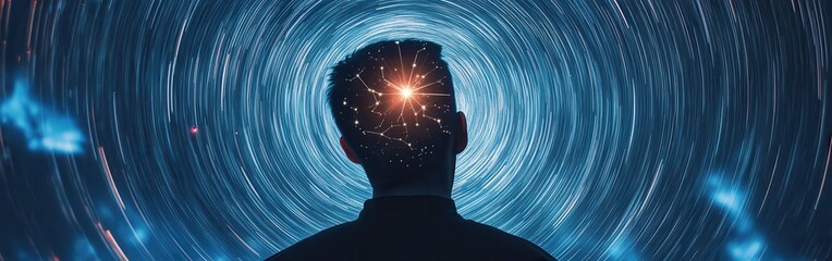 Aufkleber - Glowing man stands against swirling cosmic background symbolizing exploration of consciousness and self-discovery