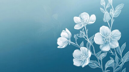 Aufkleber - Delicate white floral sketches on a calming blue background with a serene aesthetic that evokes tranquility and simplicity in design