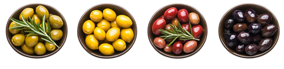 Wall Mural - Assorted olives in bowls: green, yellow, red, and black with herb garnish