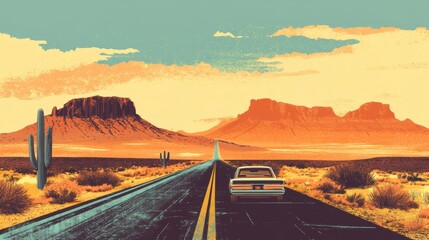 Poster - Car travels along a winding desert road under a warm sunrise with stunning mountains in the distance. Generative AI