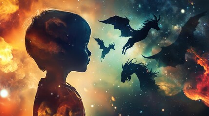Poster - Child glowing with wonder against a cosmic backdrop filled with fantastical creatures and vibrant colors