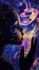 Aufkleber - Vibrant child silhouette against a cosmic background filled with colors and glitter