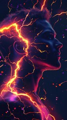 Poster - Portrait of a man with glowing lightning effects and vibrant colors during a creative art session