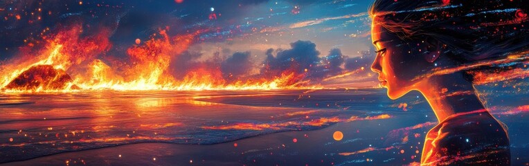 Poster - Vibrant profile of a woman against the backdrop of a fiery ocean landscape at sunset