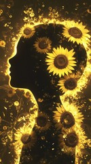 Poster - Surreal silhouette of a child surrounded by vibrant sunflowers at dawn, capturing the essence of childhood imagination and nature