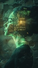 Poster - Surreal representation of a glowing woman surrounded by mysterious symbols and codes in a dark, atmospheric setting