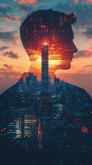Poster - Surreal representation of a glowing man against a city skyline at sunset, capturing the interplay of urban life and inner light