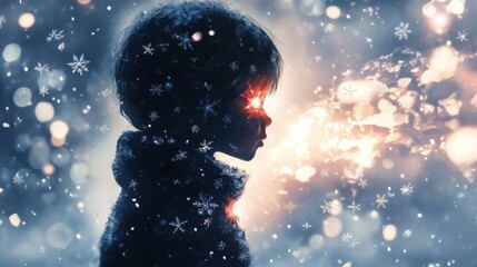 Leinwandbilder - Surreal portrait of child glowing amidst falling snowflakes in a wintry landscape