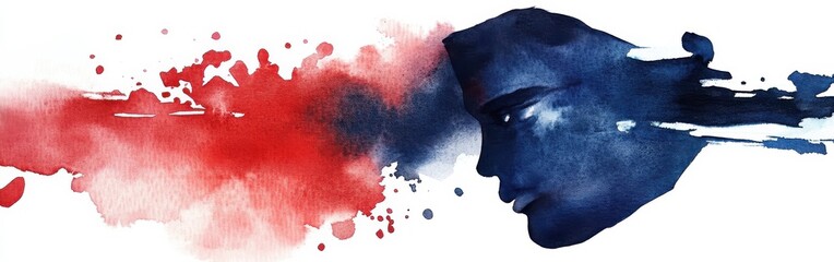 Fototapete - Striking artwork blending navy blue and crimson red with a contemplative silhouette in a creative expression of emotion