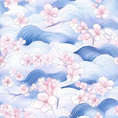 Aufkleber - Serene watercolor doodle featuring floral patterns and gentle waves in soft pastel colors