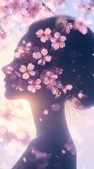 Aufkleber - Serene profile of a woman surrounded by soft pink cherry blossoms during a dreamy spring afternoon