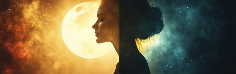 Leinwandbilder - Woman radiating beauty and tranquility against a celestial backdrop at twilight