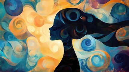 Leinwandbilder - Serene portrait of a glowing woman surrounded by swirling colors and patterns at sunset