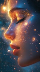Aufkleber - Serenity captured in a cosmic blend, showcasing a woman's face illuminated by starlight and ethereal beauty