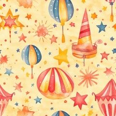 Poster - Colorful doodle cartoon drawings in watercolor depicting festive elements with balloons, stars, and party hats