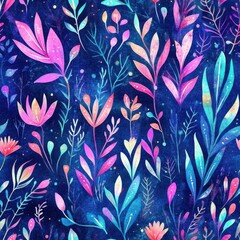 Poster - Colorful radiant doodle designs of flowers and leaves in vivid watercolor on a dark background for cheerful decoration