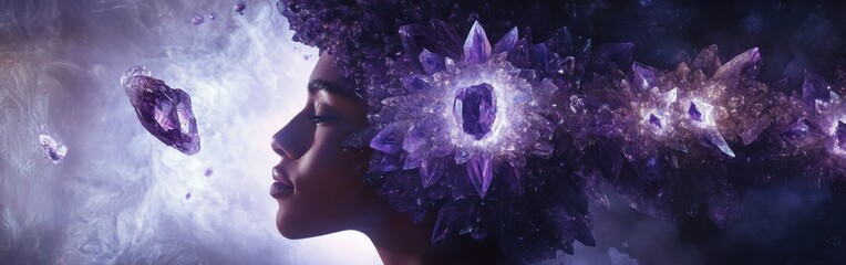 Poster - Mystical profile of a man surrounded by shimmering crystals in a dreamlike, ethereal landscape