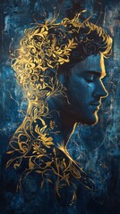 Poster - Mystical profile of a man adorned with intricate floral patterns in a deep blue background