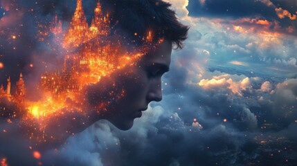 Aufkleber - Mystical profile of a man blended with a fiery castle in a stormy sky during twilight