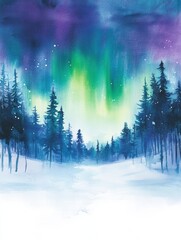 Leinwandbilder - Colorful northern lights illuminate a snowy landscape under a starry sky in a serene winter setting. Generative AI