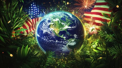 Glowing depiction of Earth surrounded by greenery and celebration elements representing unity and diversity