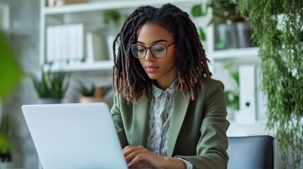 Aufkleber - Confident young woman working on laptop in a bright, stylish office space with greenery