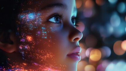 Leinwandbilder - Conceptual portrayal of a child's face with digital elements highlighting imagination and creativity in a vibrant, colorful environment