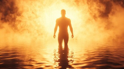 Poster - Conceptual image of a man glowing in the water as bright light and mist surround him at sunset