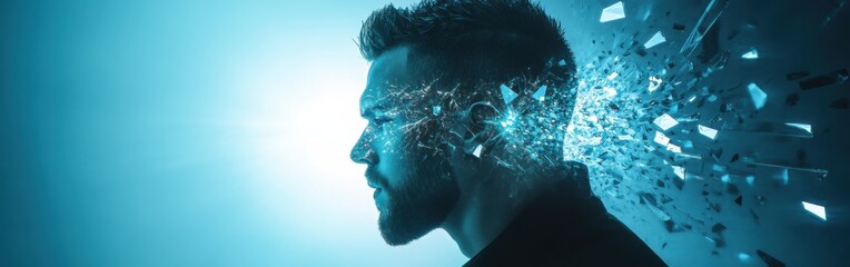 Poster - Conceptual depiction of a glowing man with a shattering effect, showcasing the power of imagination and creativity in a futuristic setting
