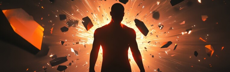 Leinwandbilder - Glowing figure radiates energy amidst an explosion of light and fragments in a conceptual visual representation