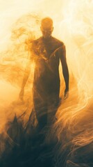 Poster - man glowing with energy, surrounded by ethereal light in a mystical atmosphere at sunset