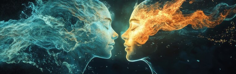 Poster - Conceptual depiction of two glowing faces representing fire and water in a dynamic visual contrast