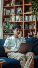 Poster - Young adult engages in focused work on laptop surrounded by a serene and minimalistic home interior with bookshelves