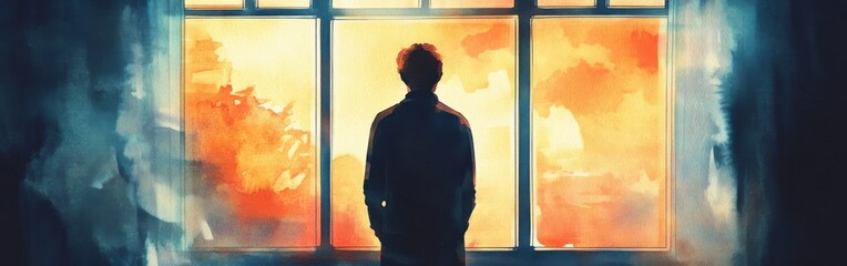 Aufkleber - Person gazing out a window at a vibrant watercolor sunset silhouette with an abstract background