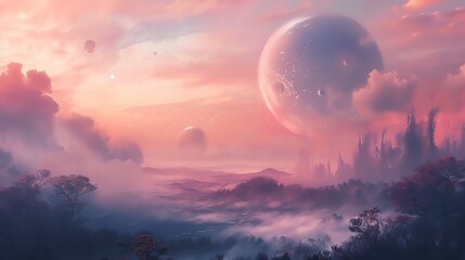 Wall Mural - the image is a beautiful landscape of an alien planet. the sky is a gradient of pink and orange, and