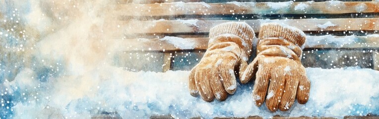 Poster - Winter warmth captured in a close-up of cozy gloves resting on a snowy bench in a serene landscape