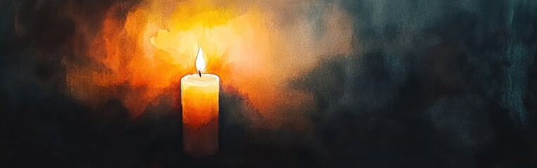 Aufkleber - Warm glow of a candle illuminating a dark watercolor background creates a serene ambiance for reflection and calm