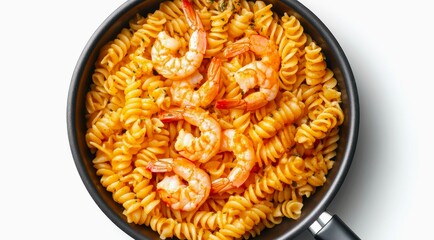 Wall Mural - Pan of fusilli pasta with shrimps on white background, top view.