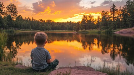 Aufkleber - Sunset reflection over a peaceful lake with a child enjoying nature's beauty