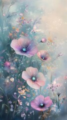 Canvas Print - Magical pink poppies bloom in misty field, dreamy background, phone wallpaper