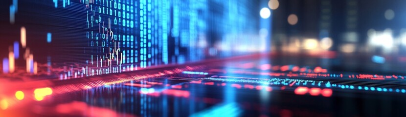 digital data streams flow across a cityscape at night