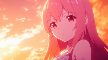 Poster - Beauty of pastel gradients during sunset with a serene character gazing into the distance in a minimalistic style