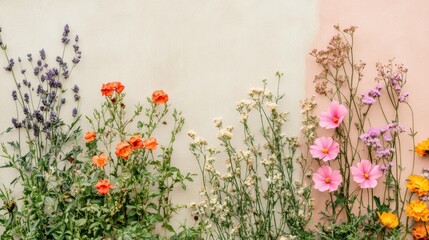 Aufkleber - Colorful flowers blooming against a pastel colored wall in a tranquil garden setting in springtime. Generative AI