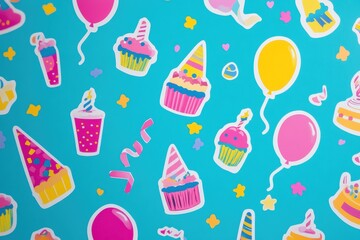 Poster - Colorful festive stickers featuring balloons, party hats, cakes, and confetti for celebrations and happy occasions. Generative AI