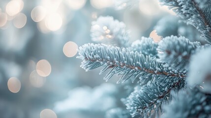 Fototapete - Cool-toned bokeh lights illuminate frosted pine branches during a winter morning with icy blue hues
